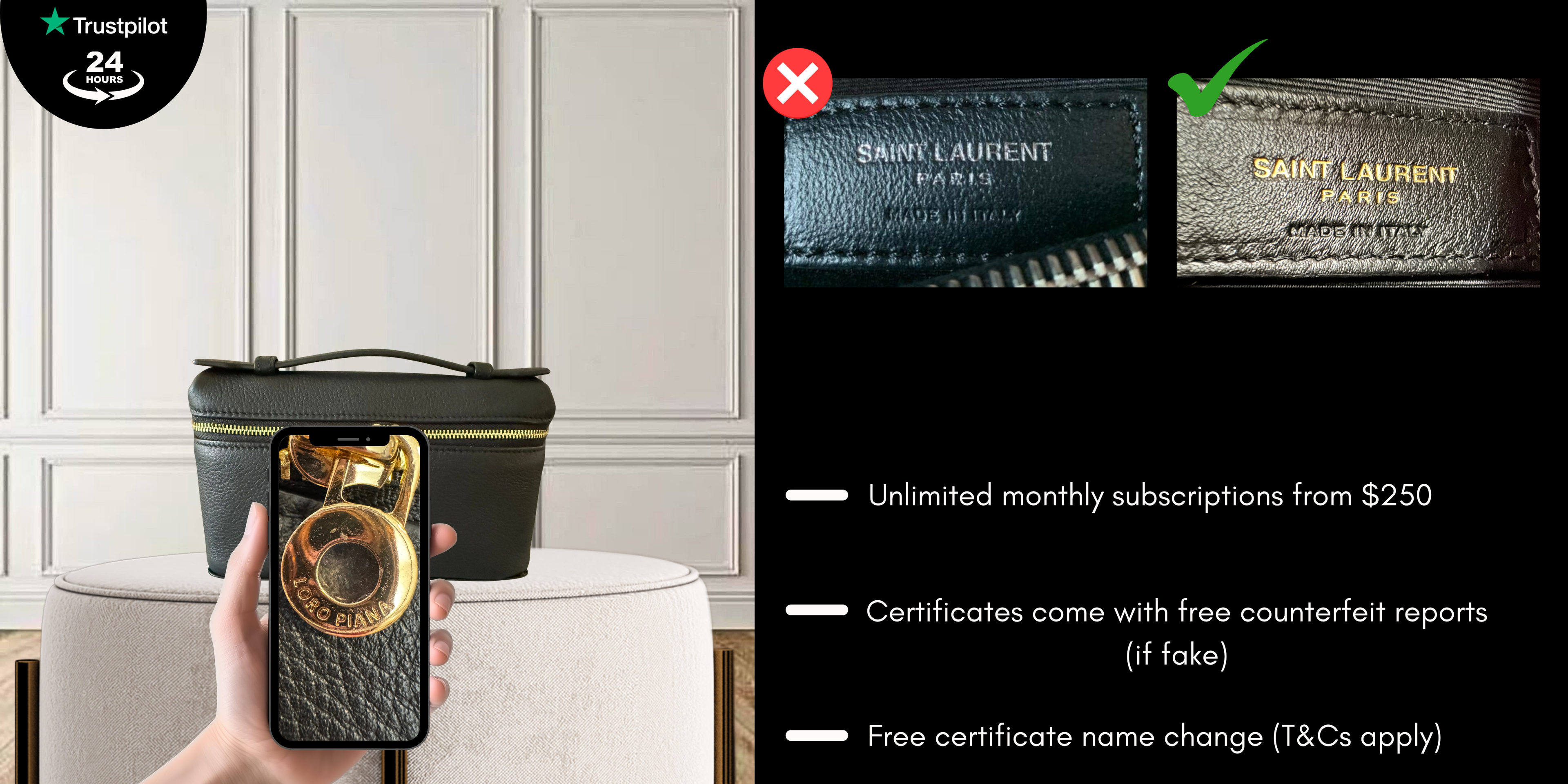 Handheld phone displaying a luxury bag with a comparison of authentic and counterfeit Saint Laurent bags on the right.